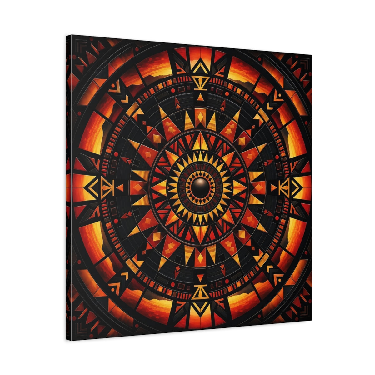 Side Mockup 3. Abstract Geometric Mandala Orange Black Mandala shown as stretched canvas wall art