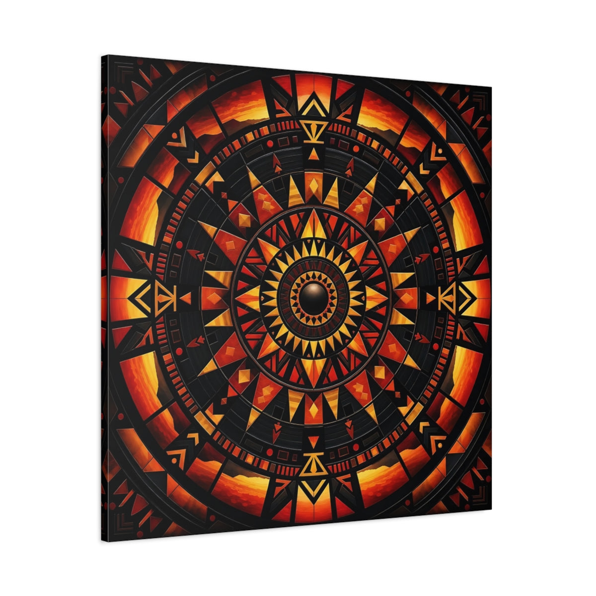 Side Mockup 1. Abstract Geometric Mandala Orange Black Mandala shown as stretched canvas wall art