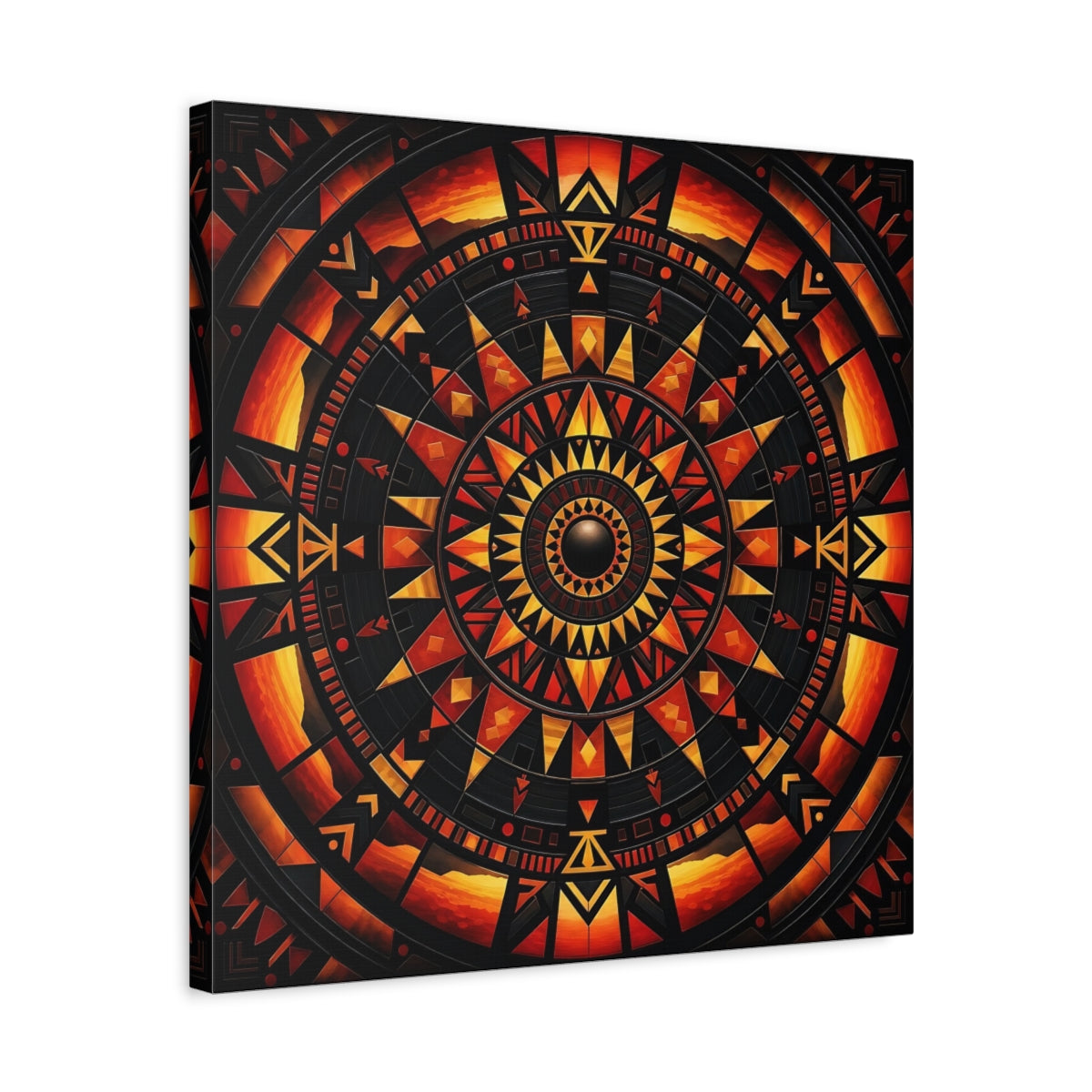 Side Mockup 5. Abstract Geometric Mandala Orange Black Mandala shown as stretched canvas wall art