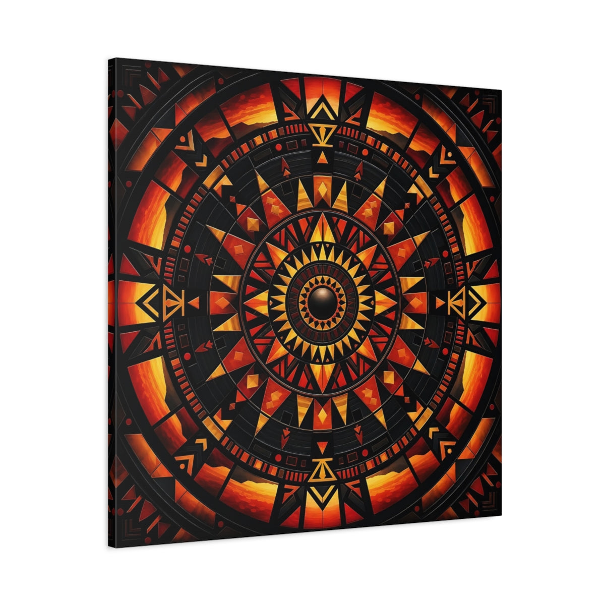 Main Mockup. Abstract Geometric Mandala Orange Black Mandala shown as stretched canvas wall art