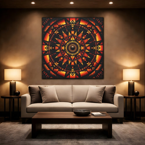 Mockup 2. Abstract Geometric Mandala Orange Black Mandala shown as stretched canvas wall art