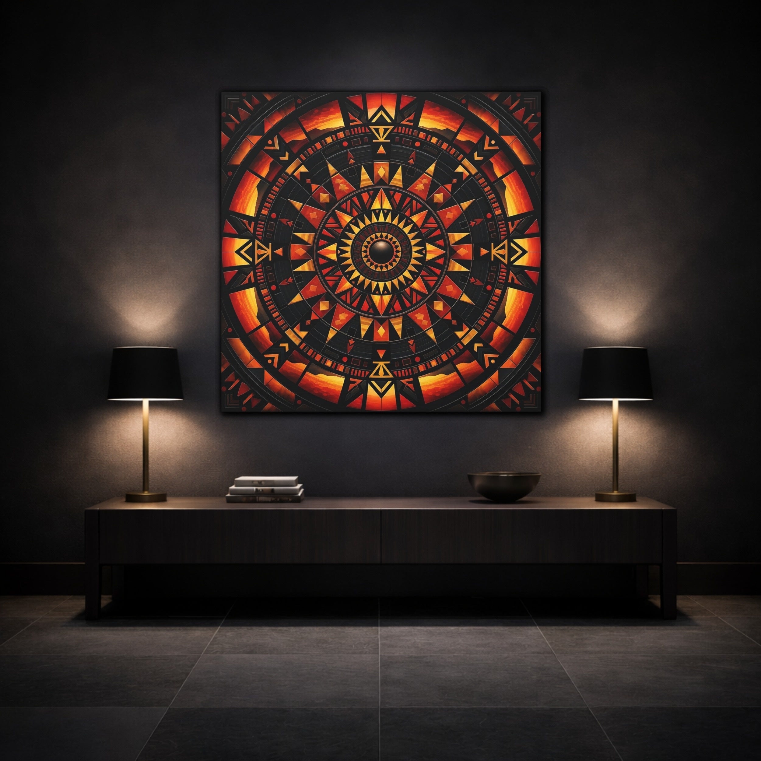 Mockup 3. Abstract Geometric Mandala Orange Black Mandala shown as stretched canvas wall art