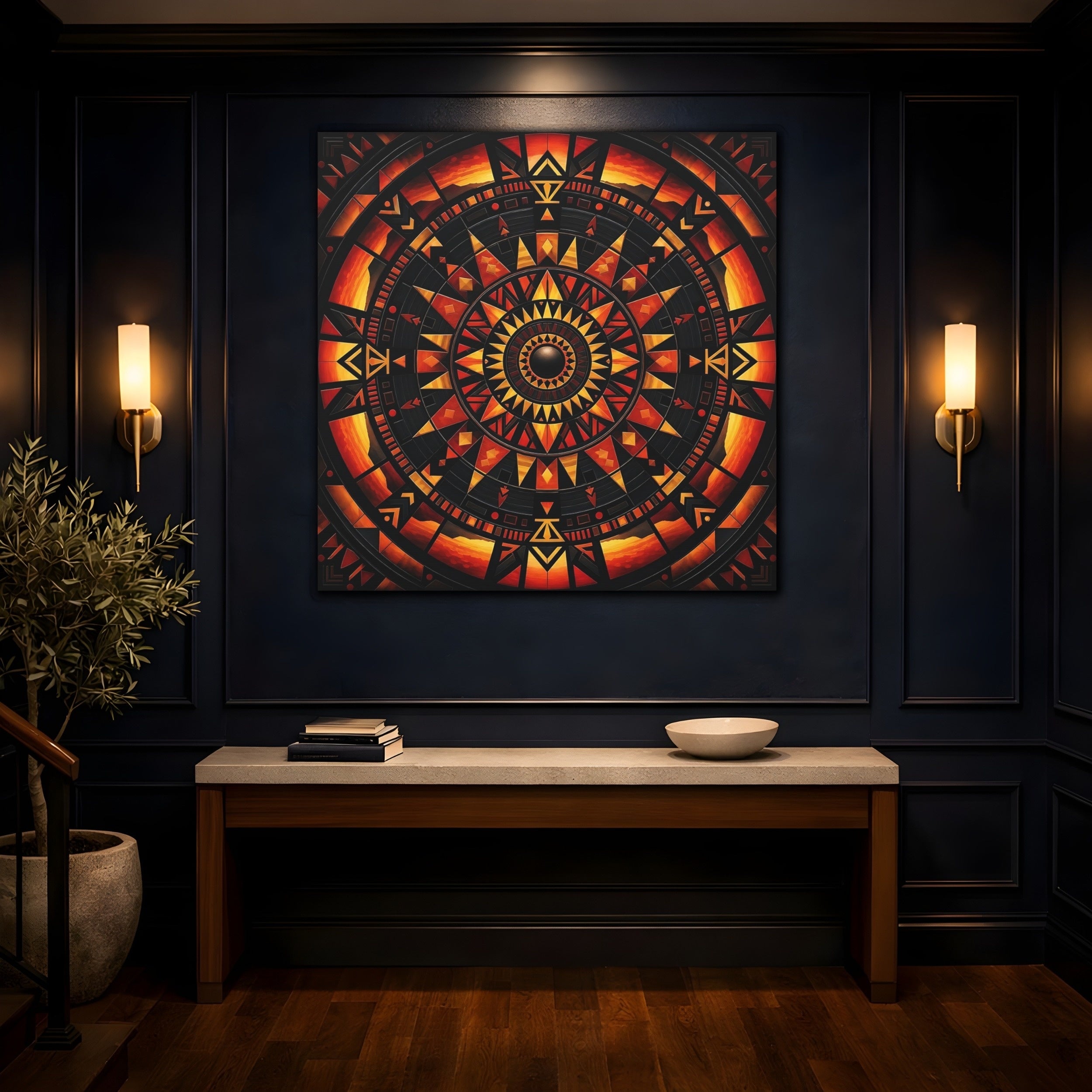 Mockup 4. Abstract Geometric Mandala Orange Black Mandala shown as stretched canvas wall art
