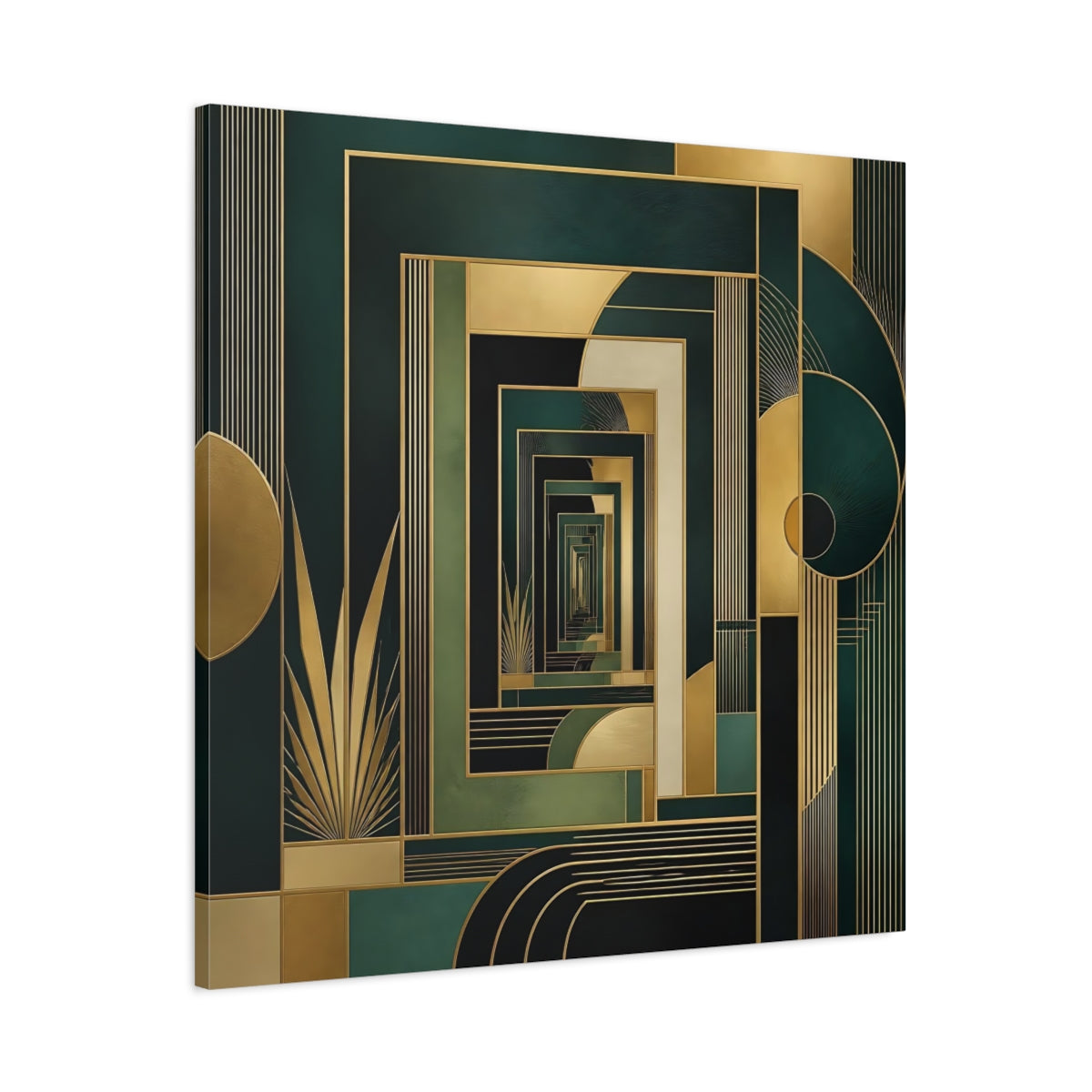 Main Mockup. Abstract Geometric Pattern Green Gold Abstract shown as stretched canvas wall art