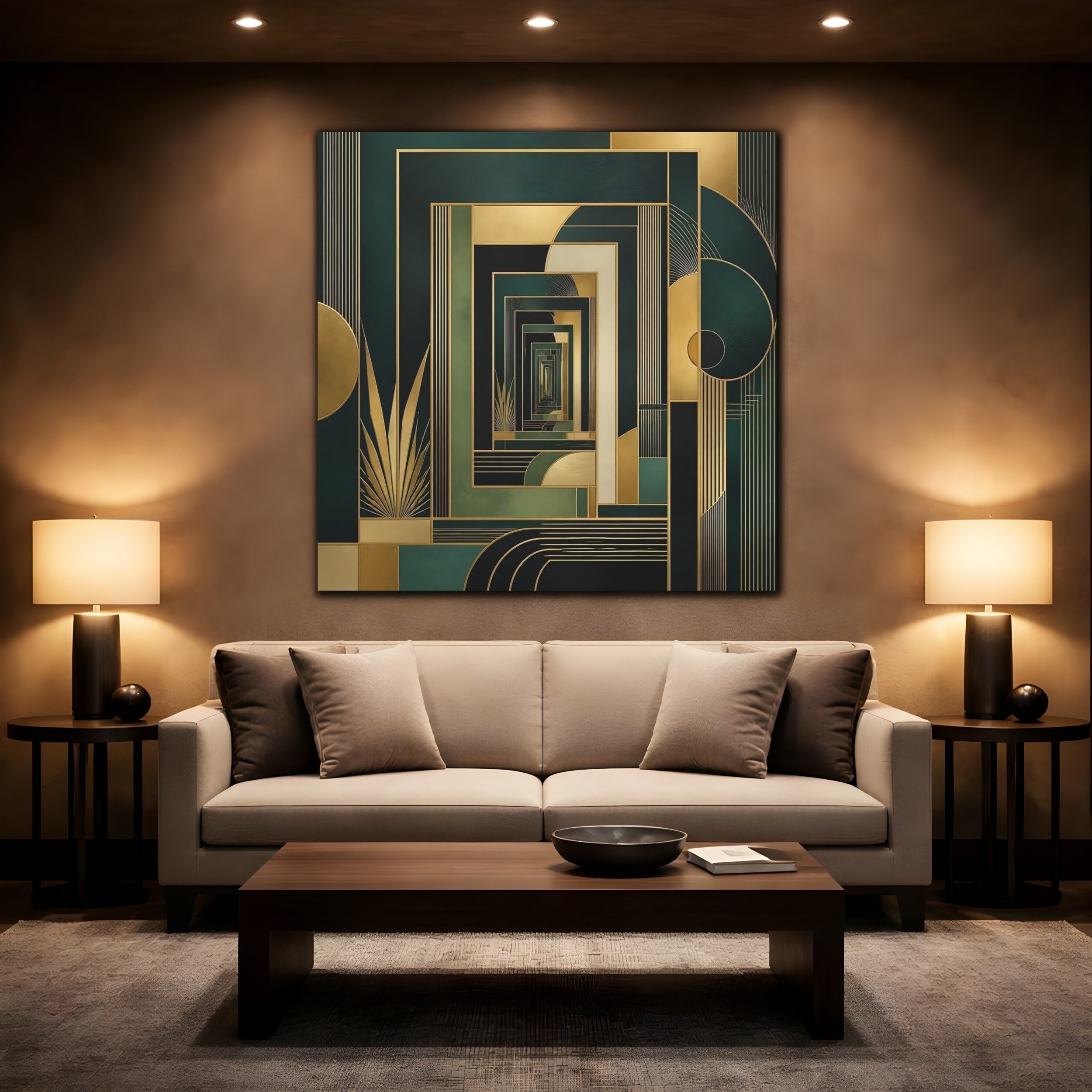 Mockup 2. Abstract Geometric Pattern Green Gold Abstract shown as stretched canvas wall art
