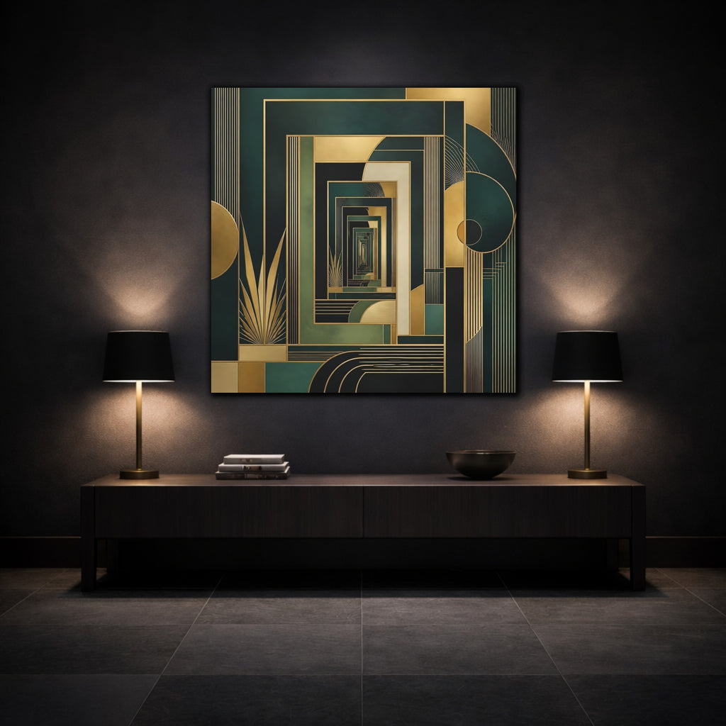Mockup 3. Abstract Geometric Pattern Green Gold Abstract shown as stretched canvas wall art