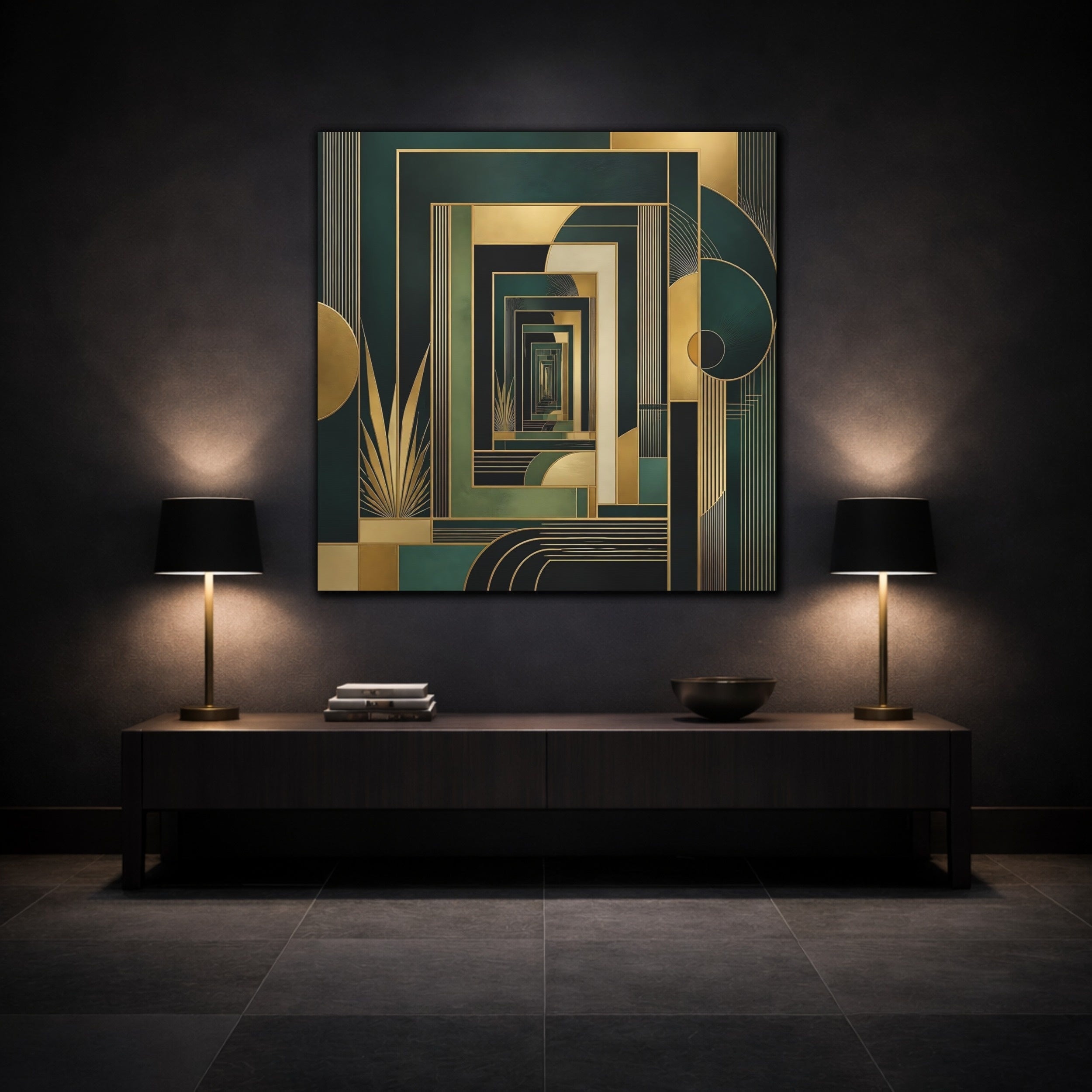 Mockup 3. Abstract Geometric Pattern Green Gold Abstract shown as stretched canvas wall art