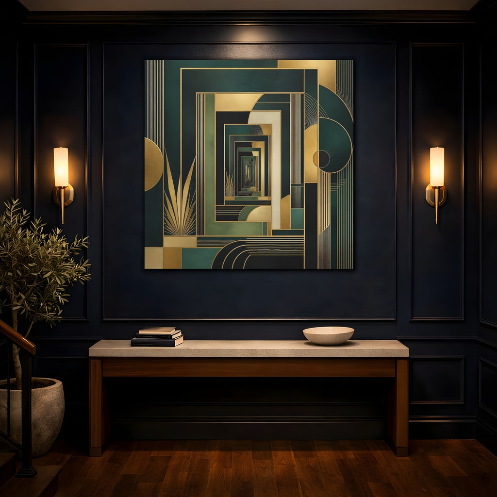 Mockup 4. Abstract Geometric Pattern Green Gold Abstract shown as stretched canvas wall art