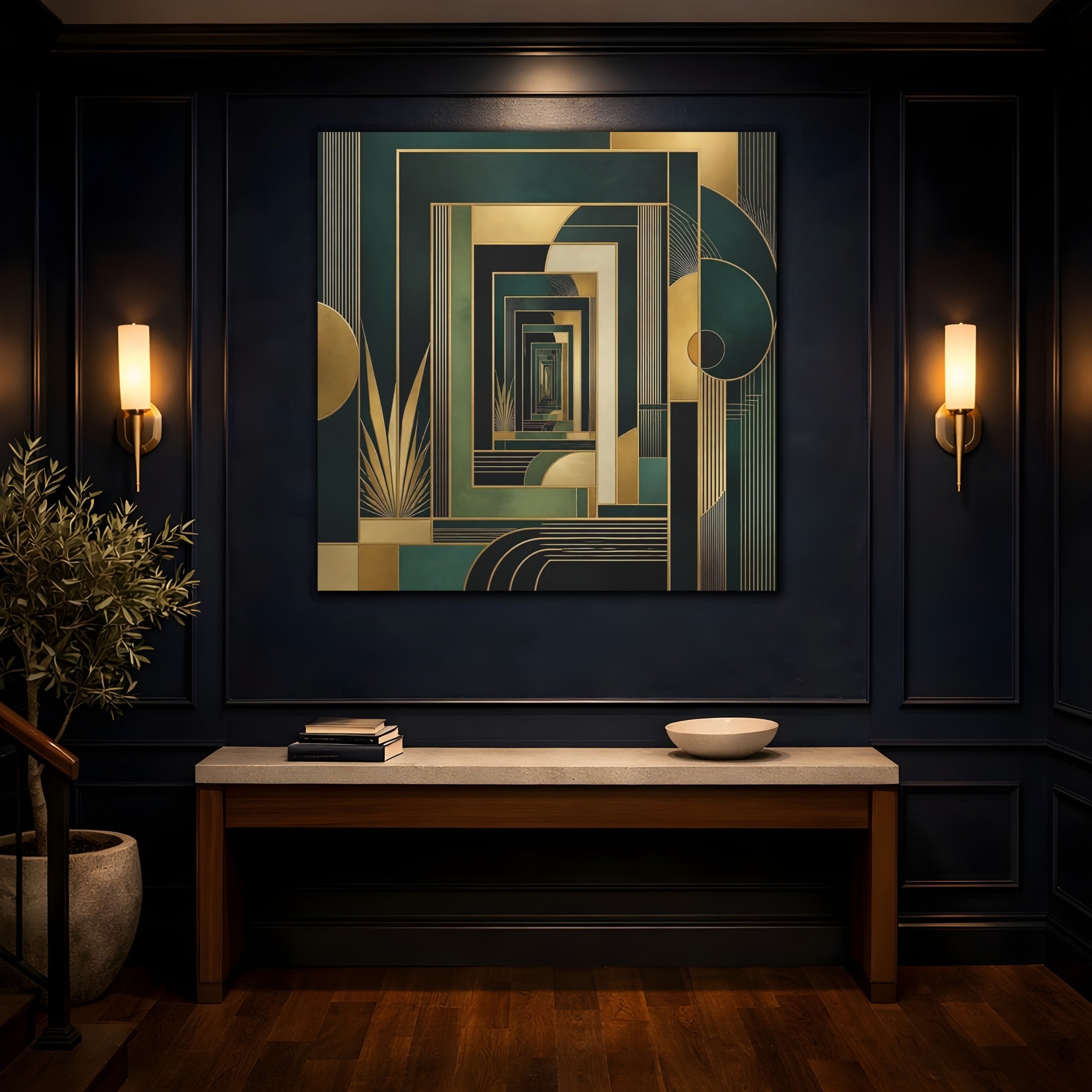 Mockup 4. Abstract Geometric Pattern Green Gold Abstract shown as stretched canvas wall art