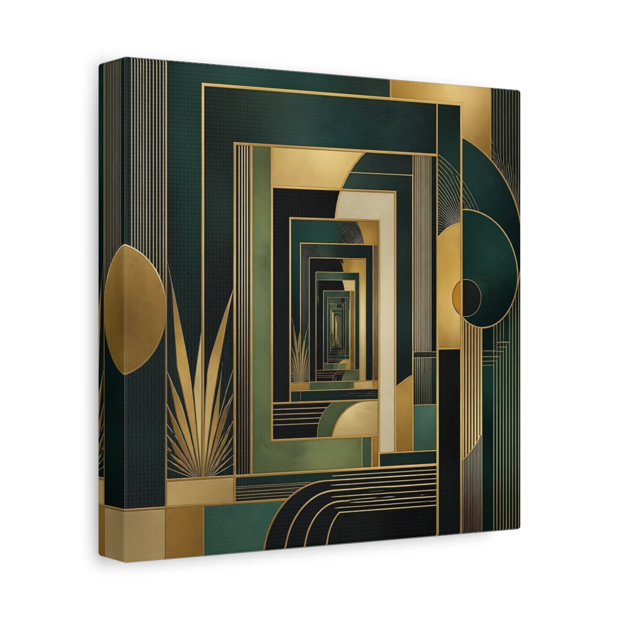 Side Mockup 9. Abstract Geometric Pattern Green Gold Abstract shown as stretched canvas wall art