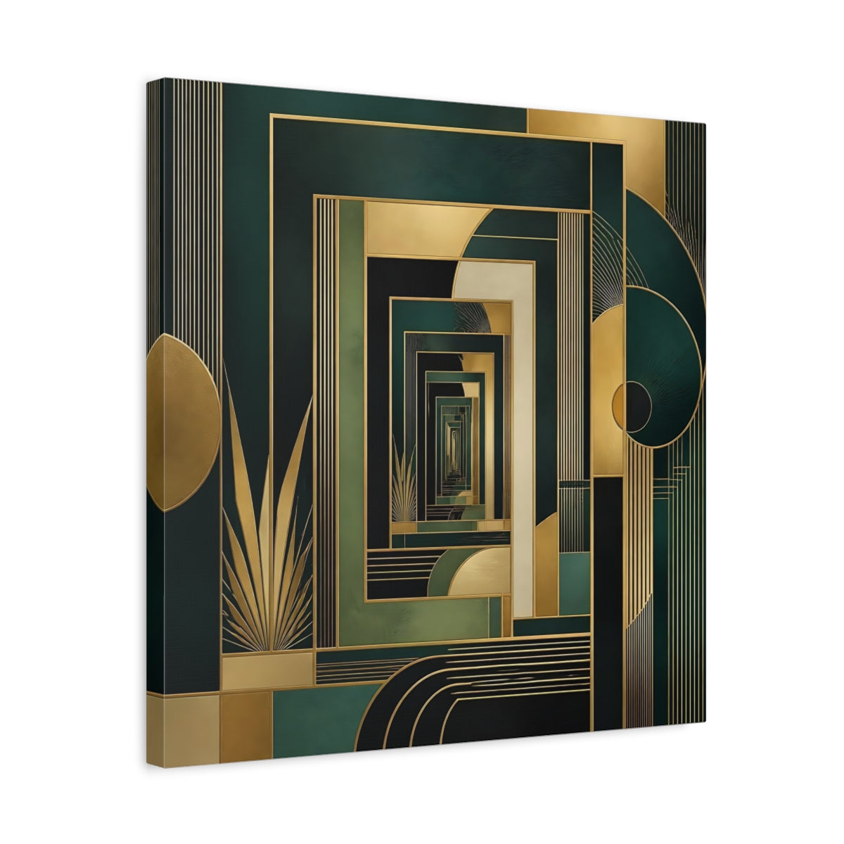Side Mockup 5. Abstract Geometric Pattern Green Gold Abstract shown as stretched canvas wall art