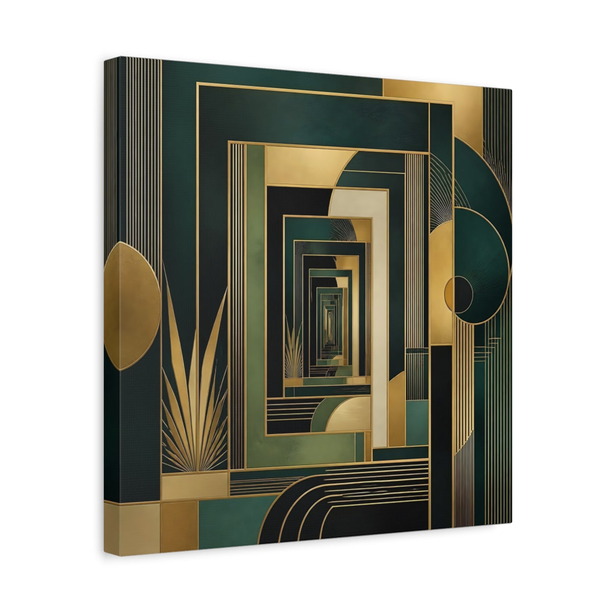 Side Mockup 6. Abstract Geometric Pattern Green Gold Abstract shown as stretched canvas wall art