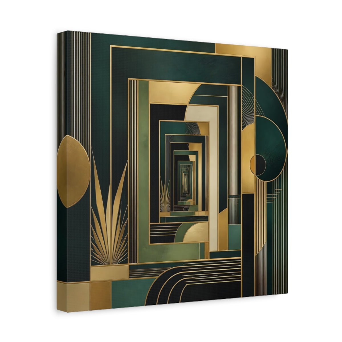 Side Mockup 7. Abstract Geometric Pattern Green Gold Abstract shown as stretched canvas wall art