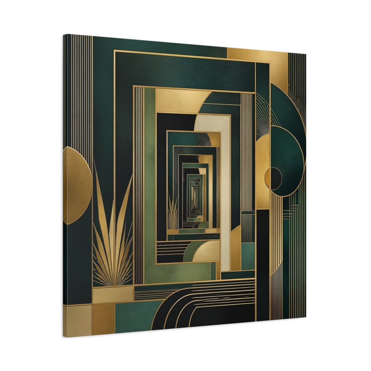 Side Mockup 1. Abstract Geometric Pattern Green Gold Abstract shown as stretched canvas wall art