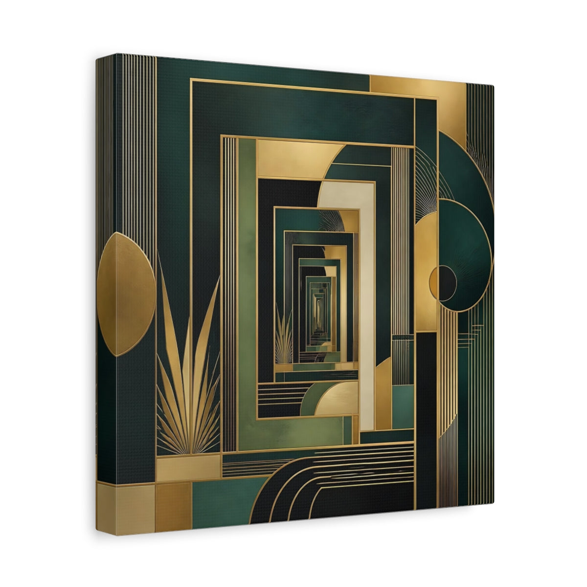 Side Mockup 8. Abstract Geometric Pattern Green Gold Abstract shown as stretched canvas wall art