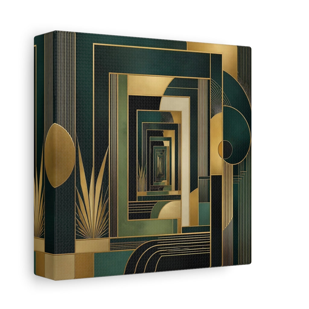 Side Mockup 2. Abstract Geometric Pattern Green Gold Abstract shown as stretched canvas wall art