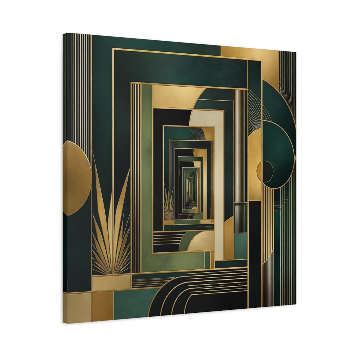 Side Mockup 3. Abstract Geometric Pattern Green Gold Abstract shown as stretched canvas wall art