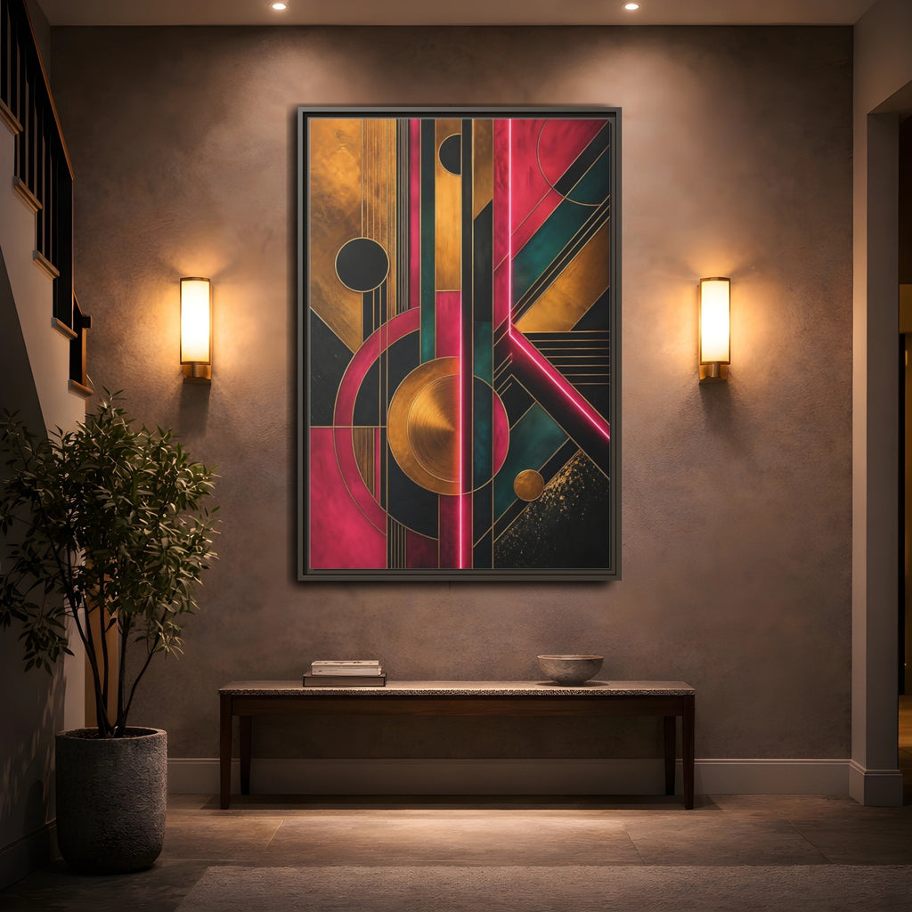 Mockup 2. Abstract Geometric Pattern Pink Gold Teal Abstract shown as stretched canvas wall art