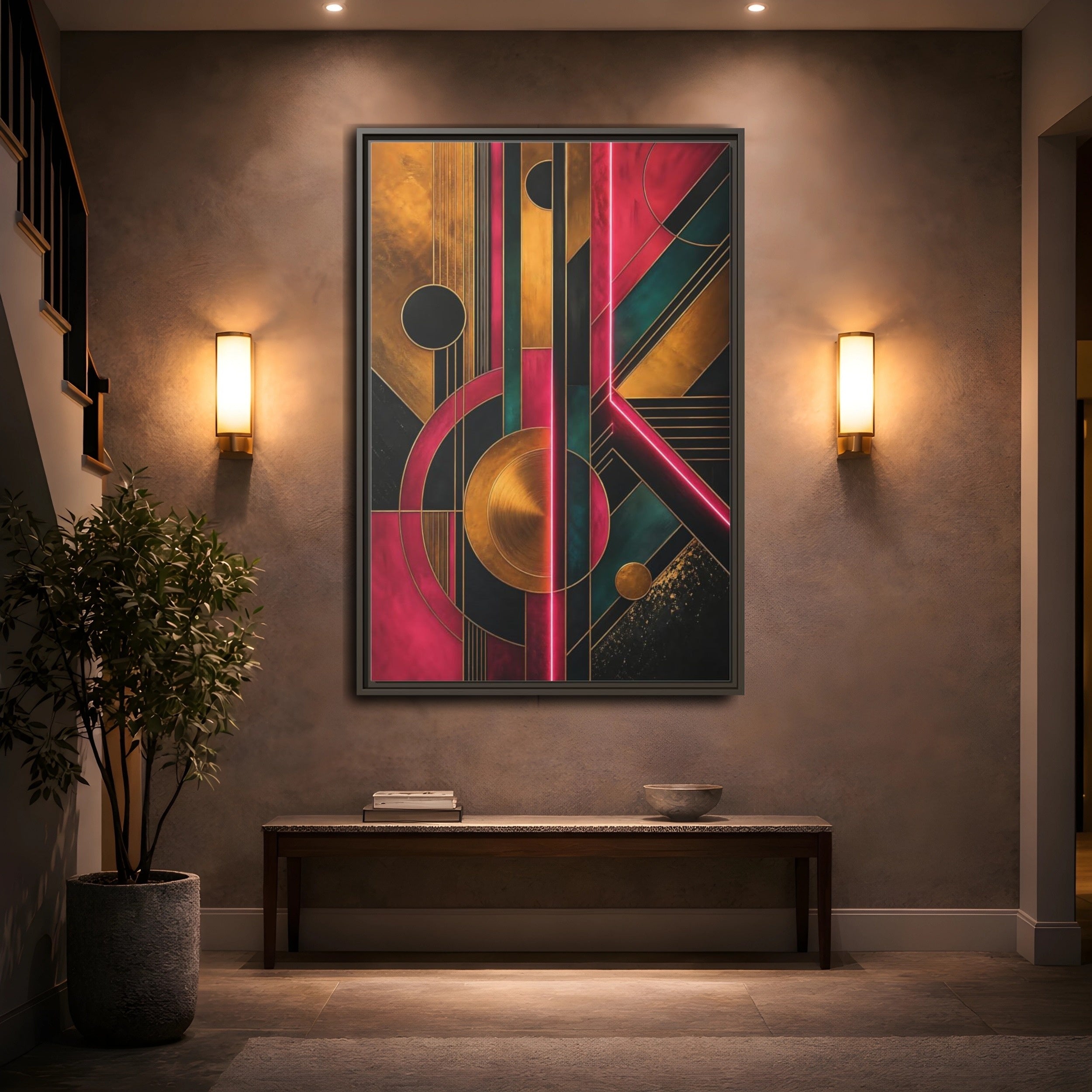 Mockup 2. Abstract Geometric Pattern Pink Gold Teal Abstract shown as stretched canvas wall art