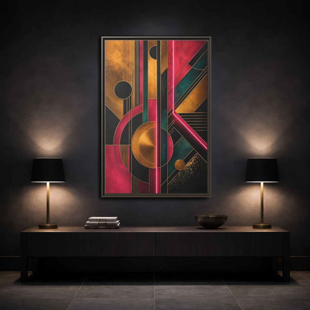 Mockup 3. Abstract Geometric Pattern Pink Gold Teal Abstract shown as stretched canvas wall art