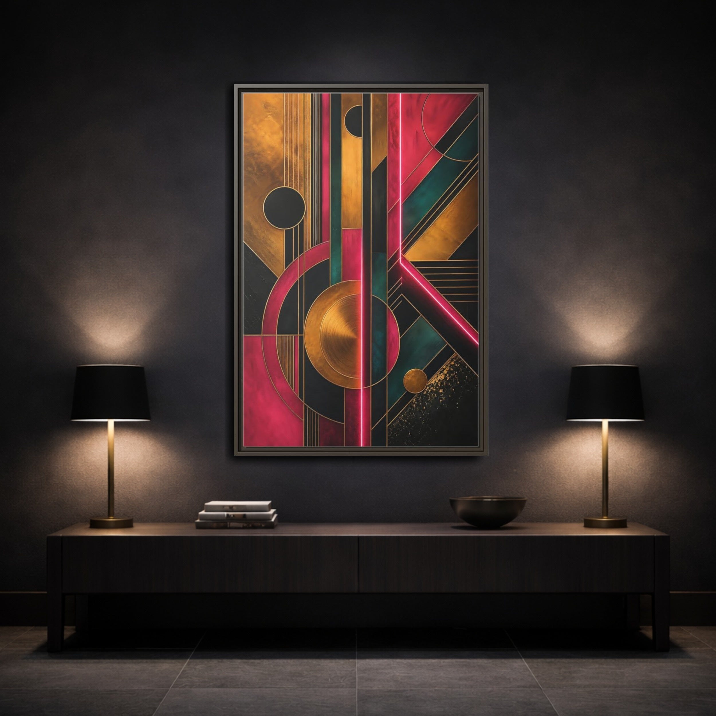 Mockup 3. Abstract Geometric Pattern Pink Gold Teal Abstract shown as stretched canvas wall art