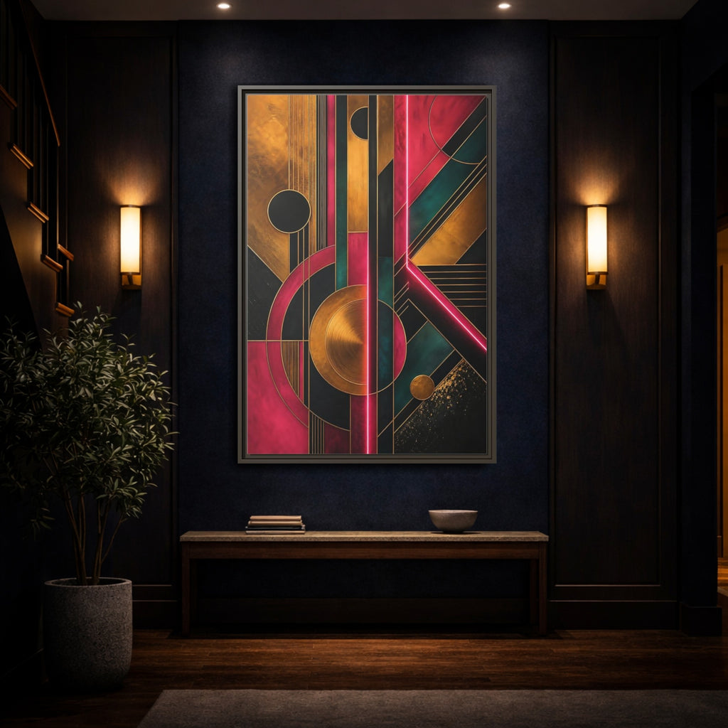 Mockup 4. Abstract Geometric Pattern Pink Gold Teal Abstract shown as stretched canvas wall art
