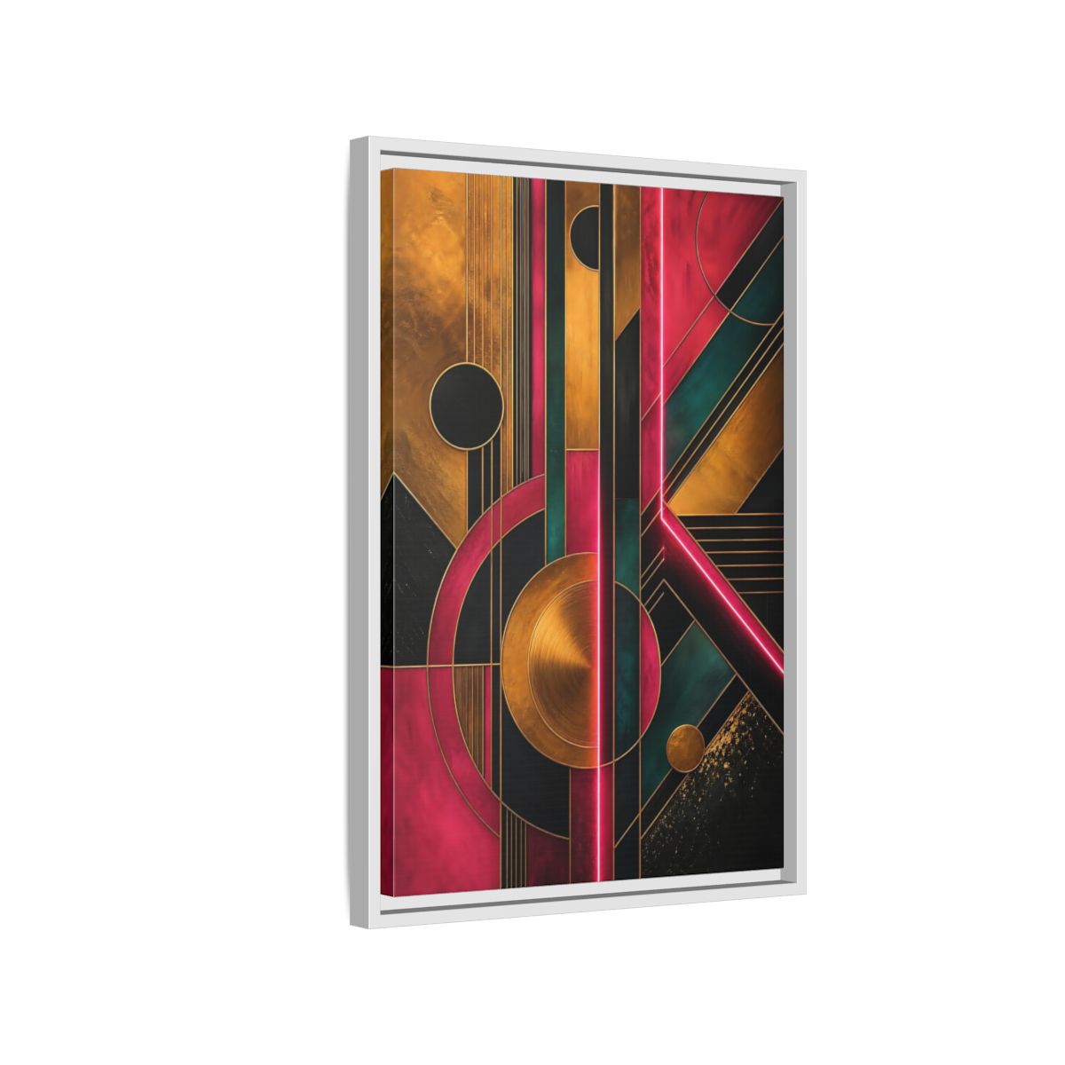 Side Mockup 1. Abstract Geometric Pattern Pink Gold Teal Abstract shown as stretched canvas wall art