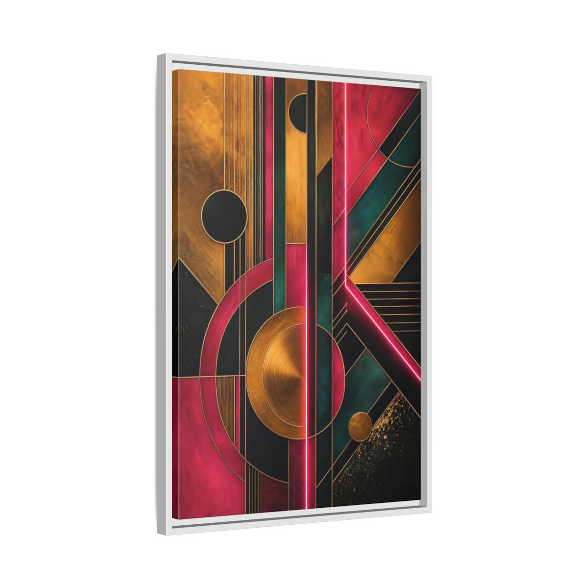 Side Mockup 10. Abstract Geometric Pattern Pink Gold Teal Abstract shown as stretched canvas wall art
