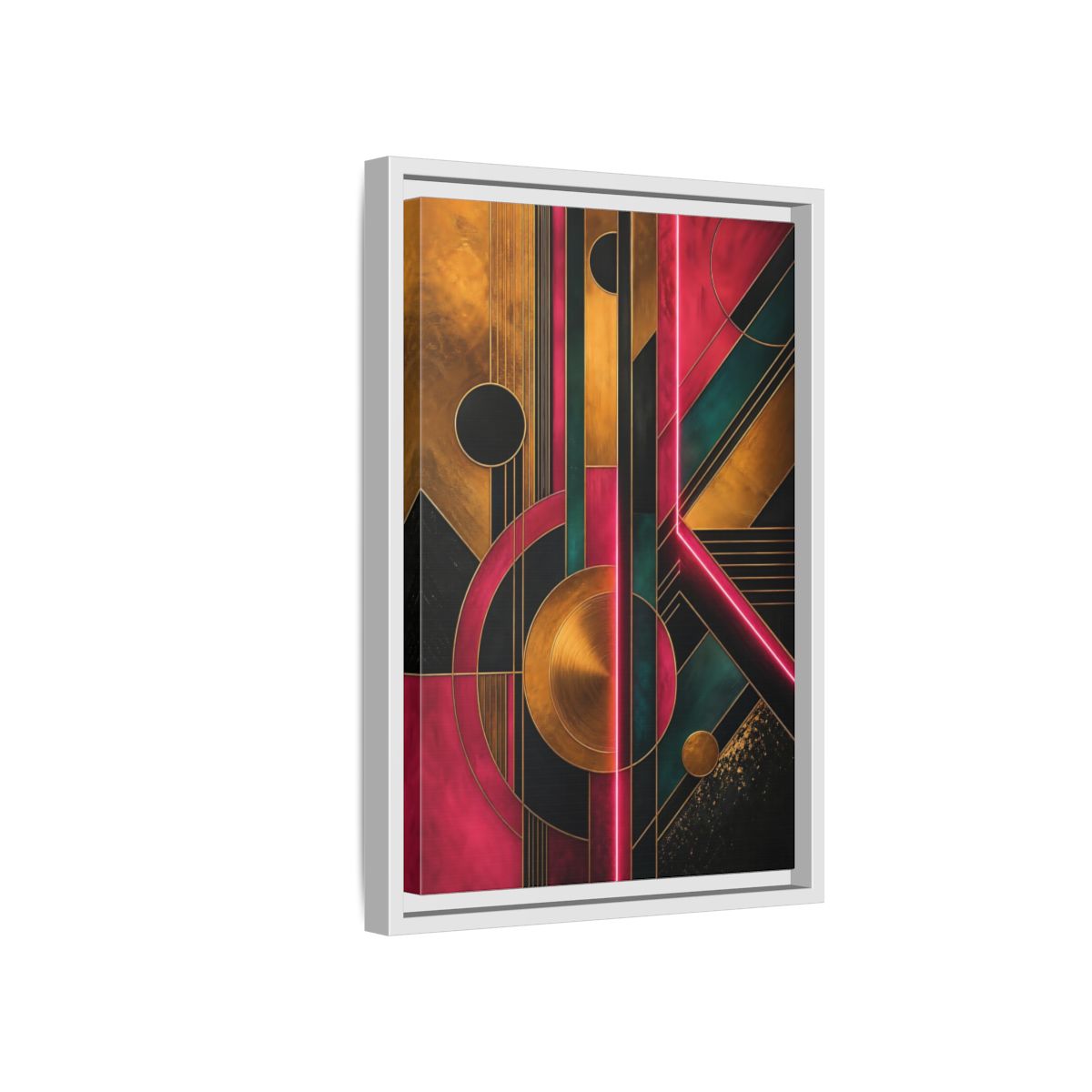 Side Mockup 4. Abstract Geometric Pattern Pink Gold Teal Abstract shown as stretched canvas wall art