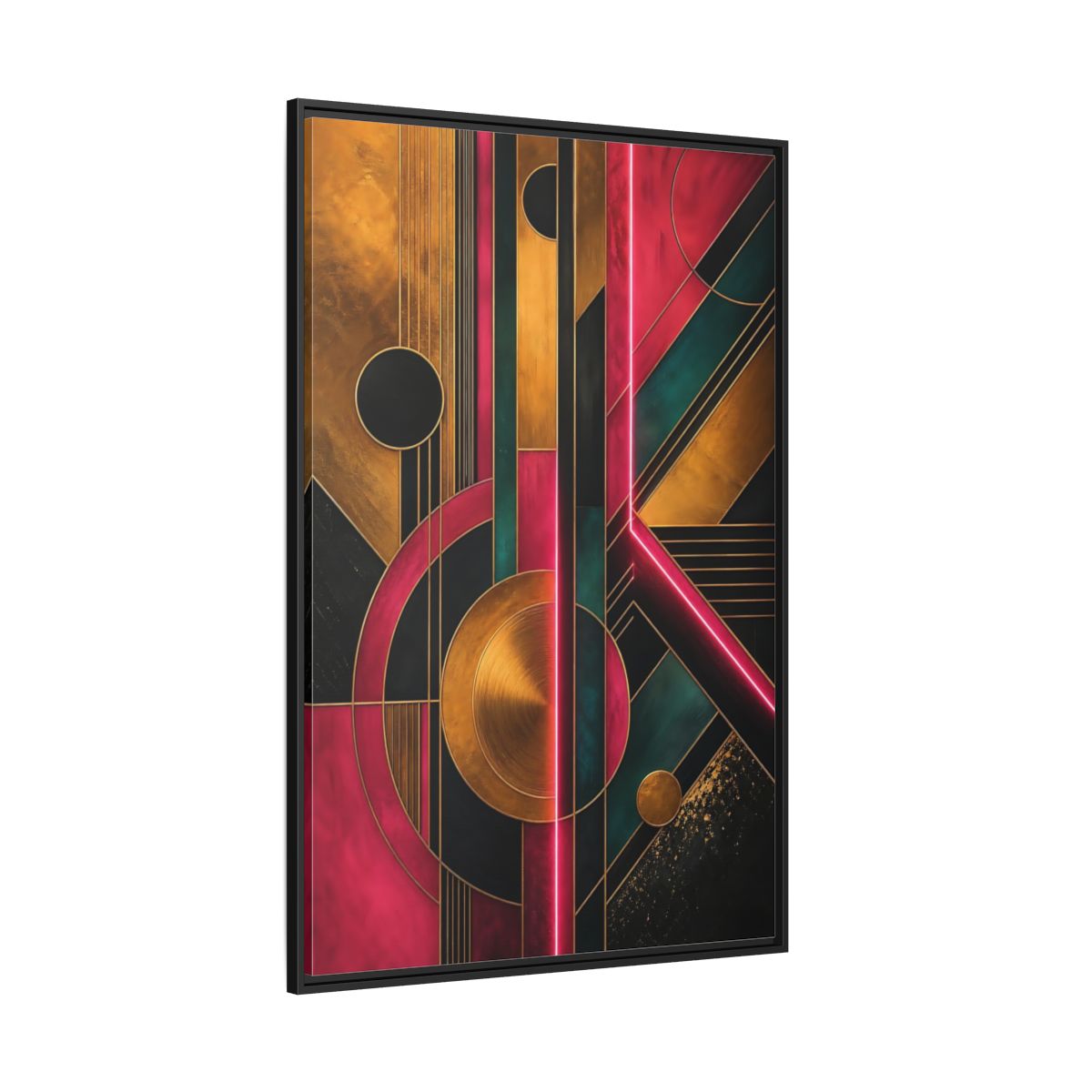 Side Mockup 12. Abstract Geometric Pattern Pink Gold Teal Abstract shown as stretched canvas wall art
