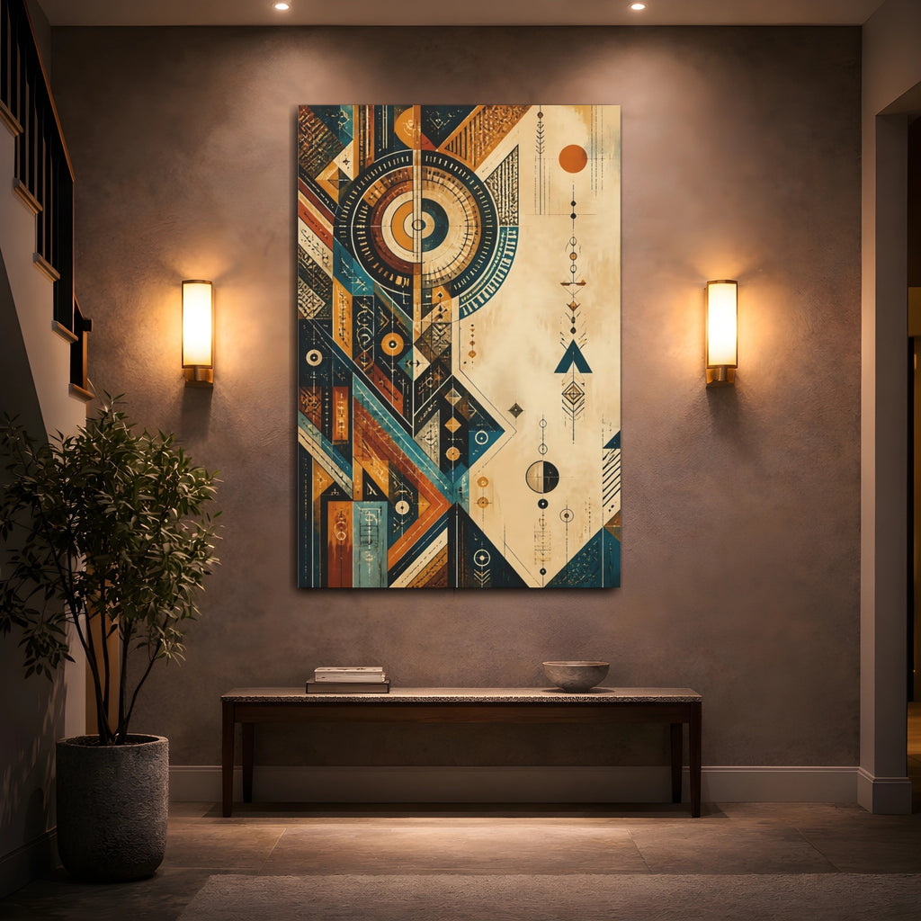 Mockup 2. Abstract Geometric Shapes Teal Orange Abstract shown as stretched canvas wall art
