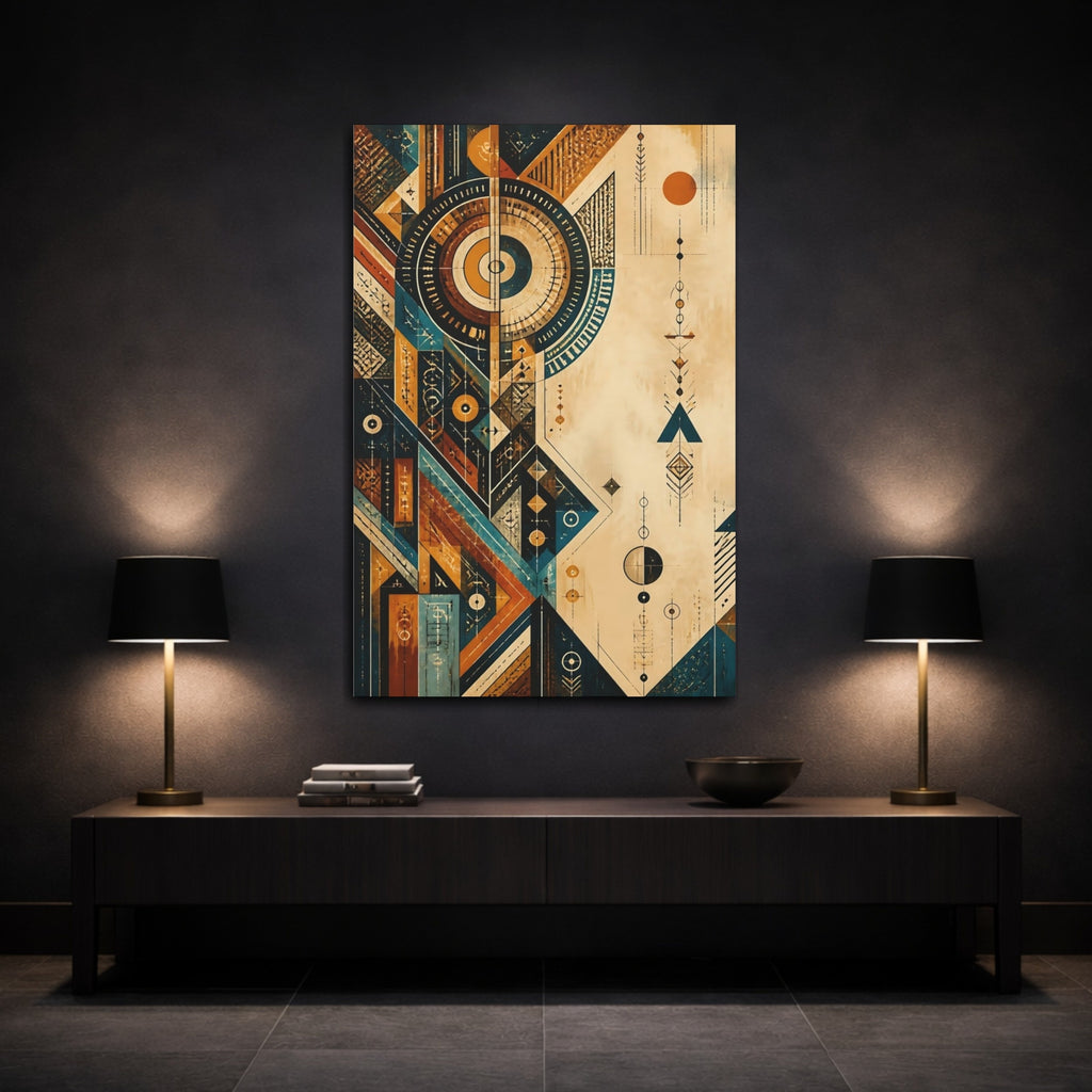 Mockup 3. Abstract Geometric Shapes Teal Orange Abstract shown as stretched canvas wall art