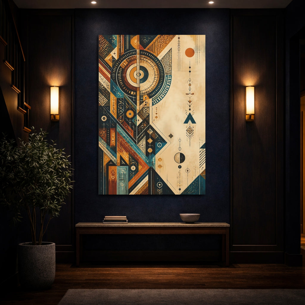 Mockup 4. Abstract Geometric Shapes Teal Orange Abstract shown as stretched canvas wall art