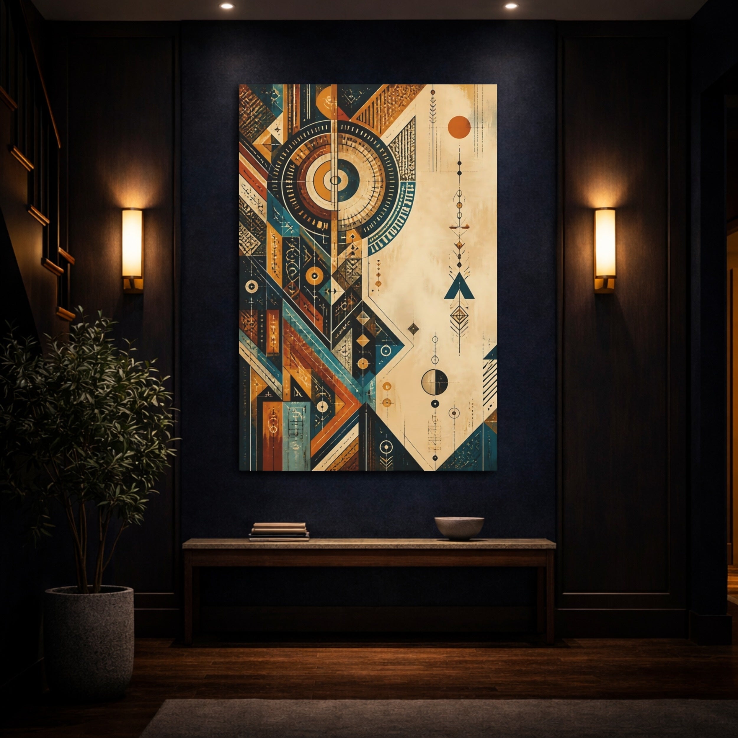 Mockup 4. Abstract Geometric Shapes Teal Orange Abstract shown as stretched canvas wall art