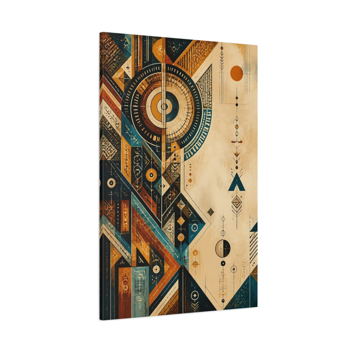 Side Mockup 1. Abstract Geometric Shapes Teal Orange Abstract shown as stretched canvas wall art