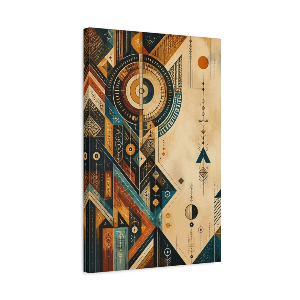 Side Mockup 3. Abstract Geometric Shapes Teal Orange Abstract shown as stretched canvas wall art