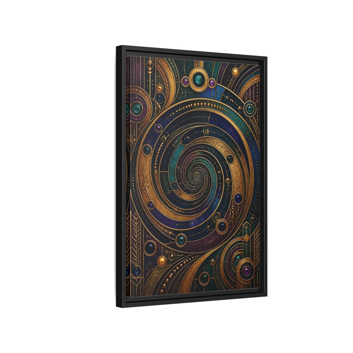 Side Mockup 3. Abstract Geometric Spiral Art Deco Jewel Tones shown as stretched canvas wall art