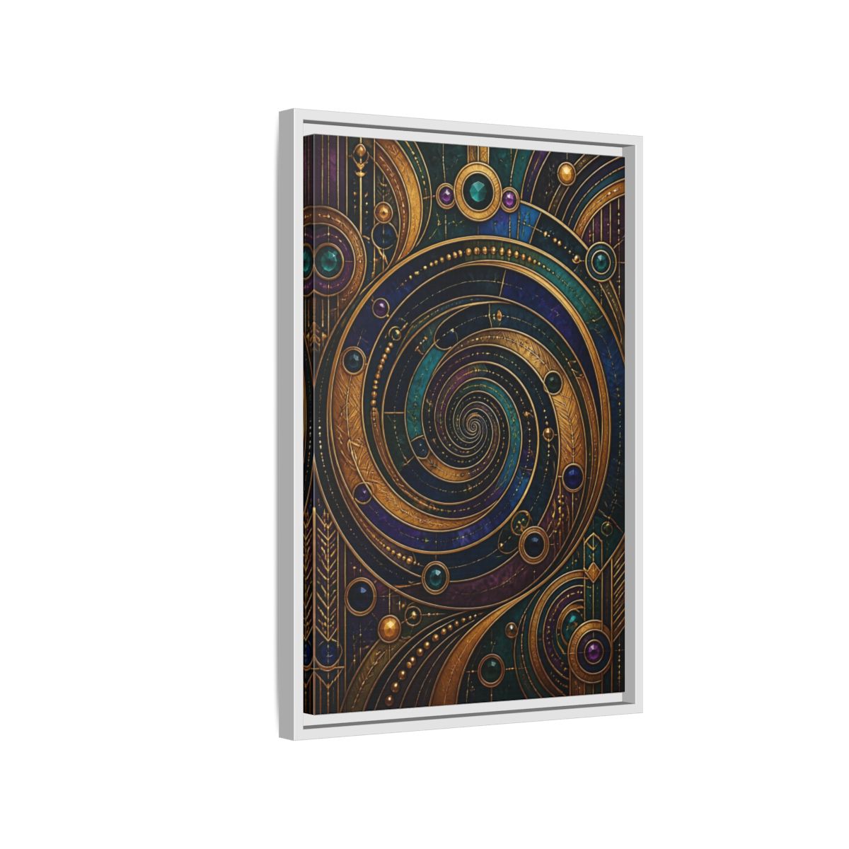 Side Mockup 1. Abstract Geometric Spiral Art Deco Jewel Tones shown as stretched canvas wall art