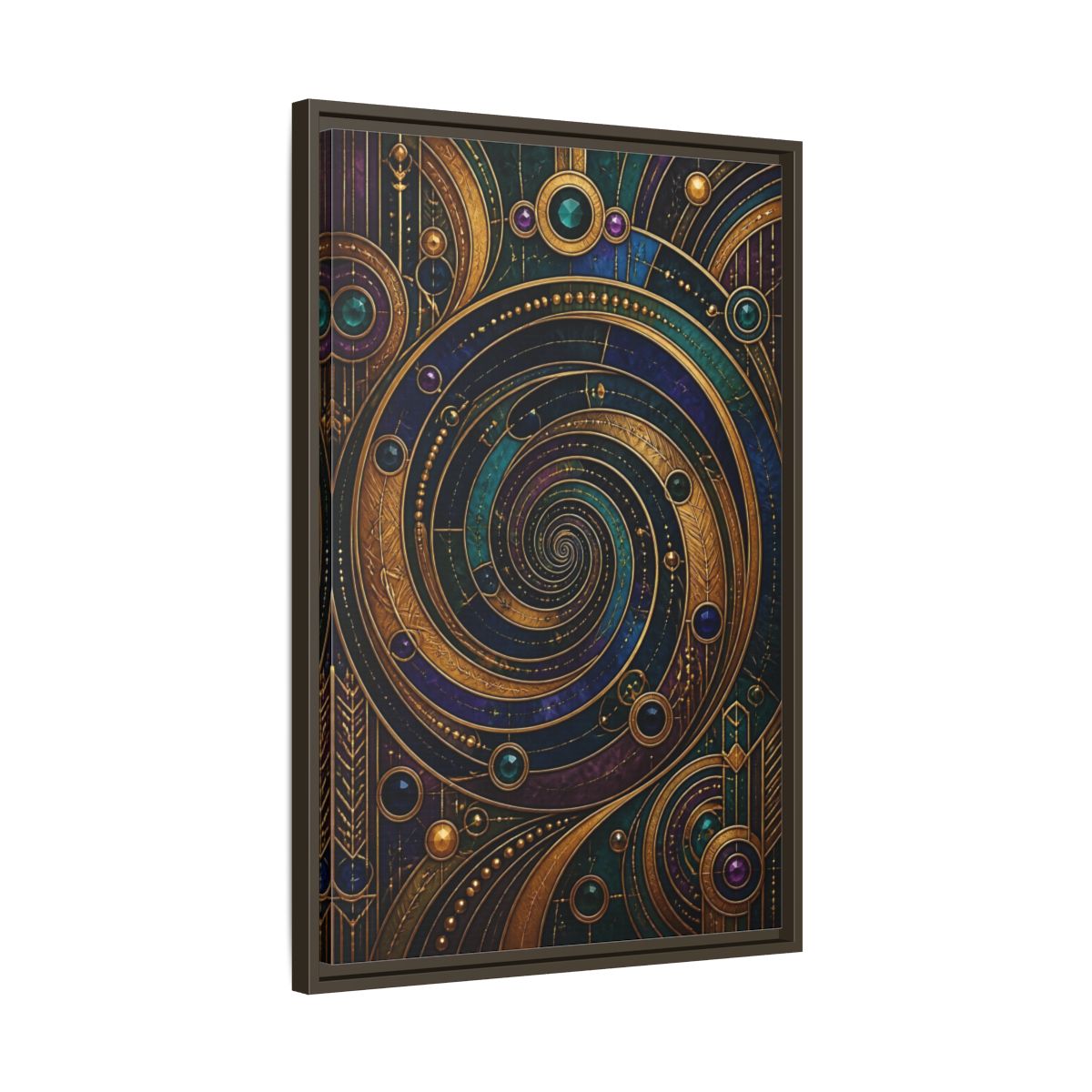 Side Mockup 11. Abstract Geometric Spiral Art Deco Jewel Tones shown as stretched canvas wall art