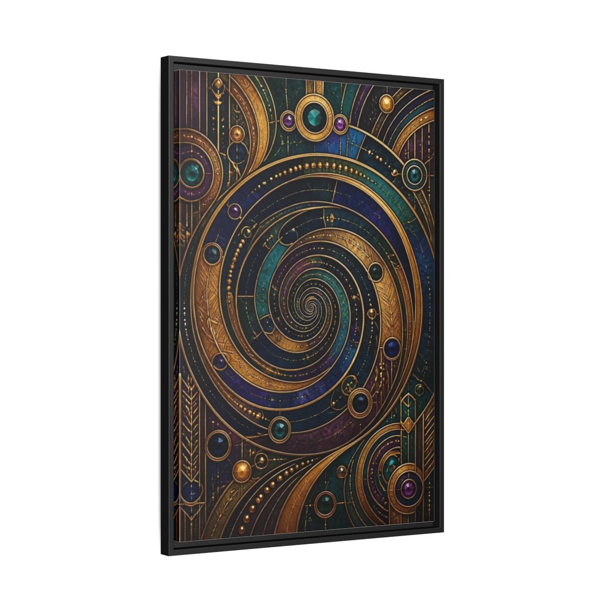 Side Mockup 13. Abstract Geometric Spiral Art Deco Jewel Tones shown as stretched canvas wall art