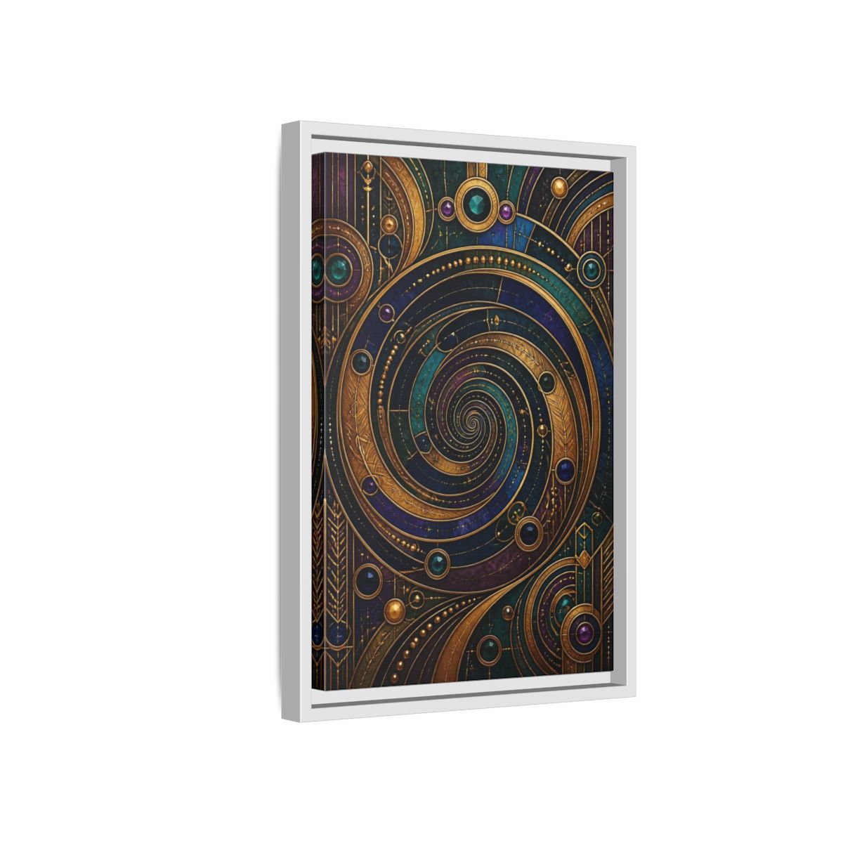 Side Mockup 4. Abstract Geometric Spiral Art Deco Jewel Tones shown as stretched canvas wall art