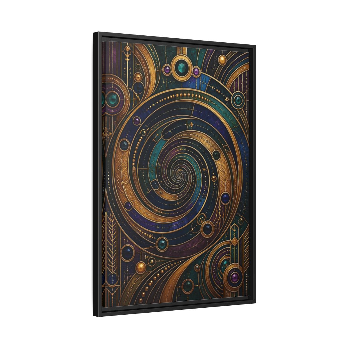 Side Mockup 14. Abstract Geometric Spiral Art Deco Jewel Tones shown as stretched canvas wall art