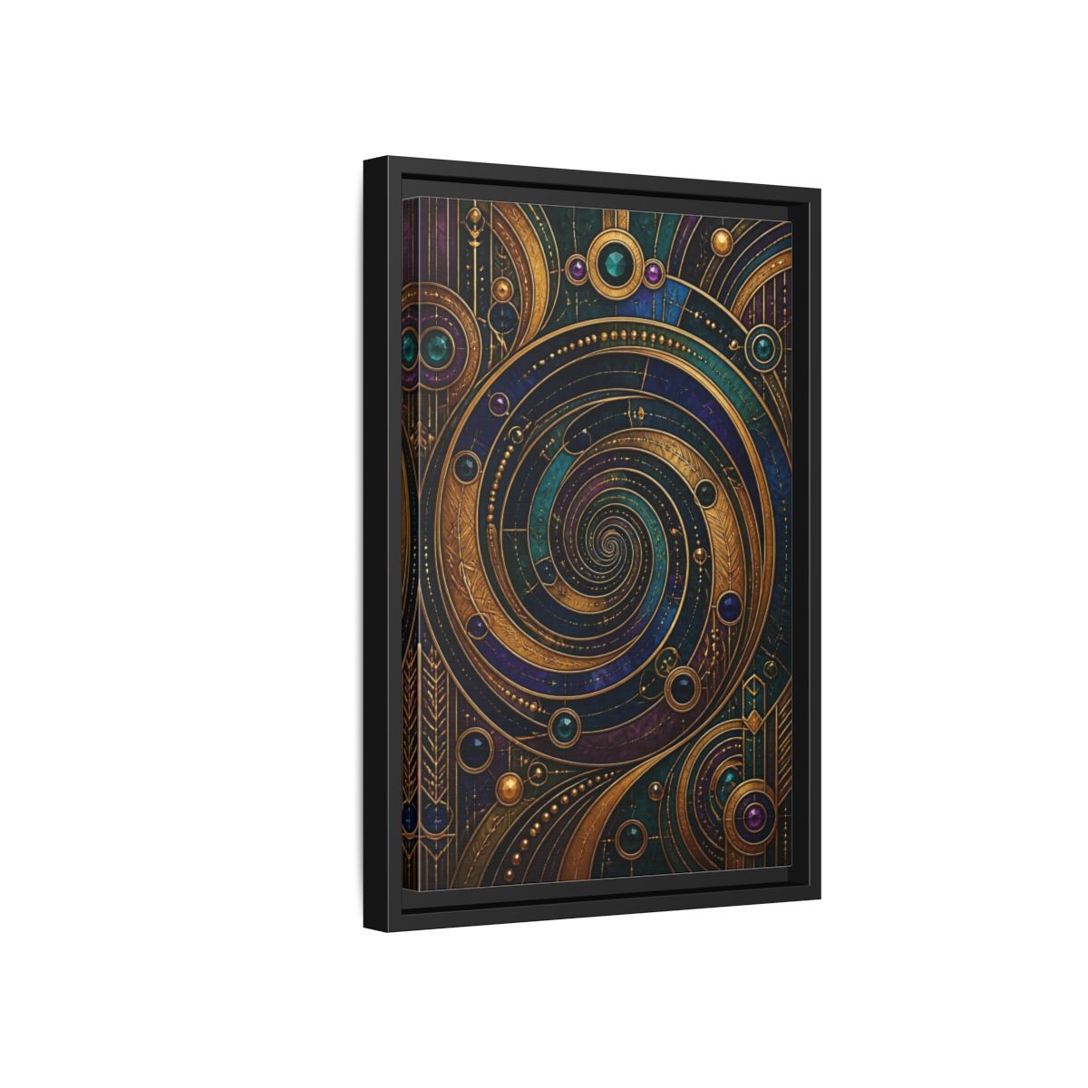 Side Mockup 6. Abstract Geometric Spiral Art Deco Jewel Tones shown as stretched canvas wall art
