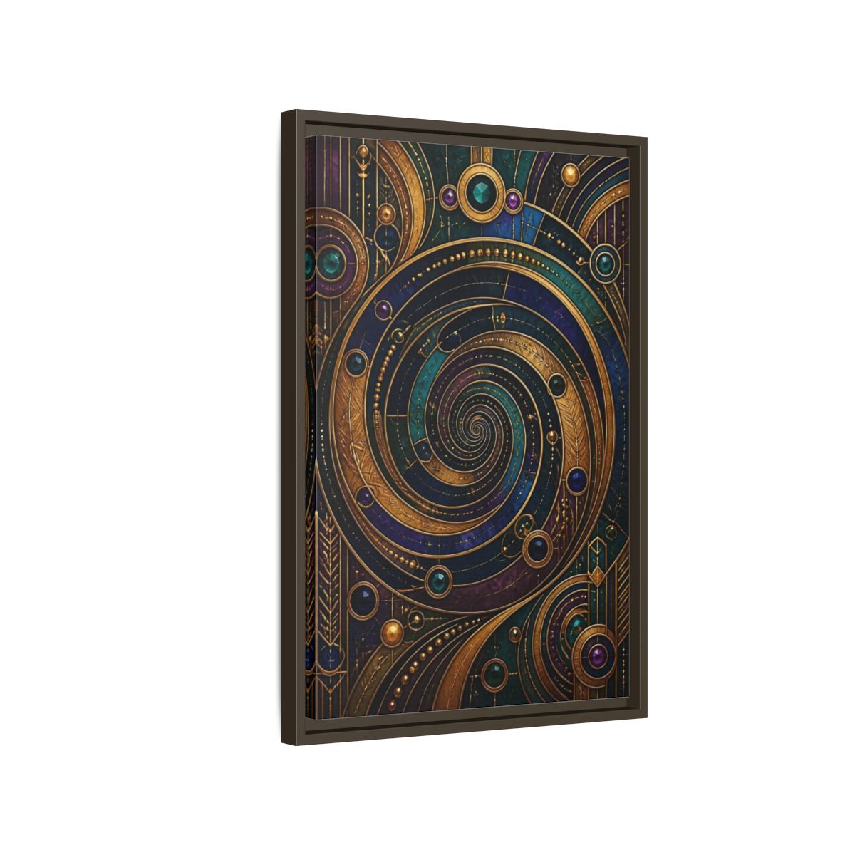 Side Mockup 2. Abstract Geometric Spiral Art Deco Jewel Tones shown as stretched canvas wall art