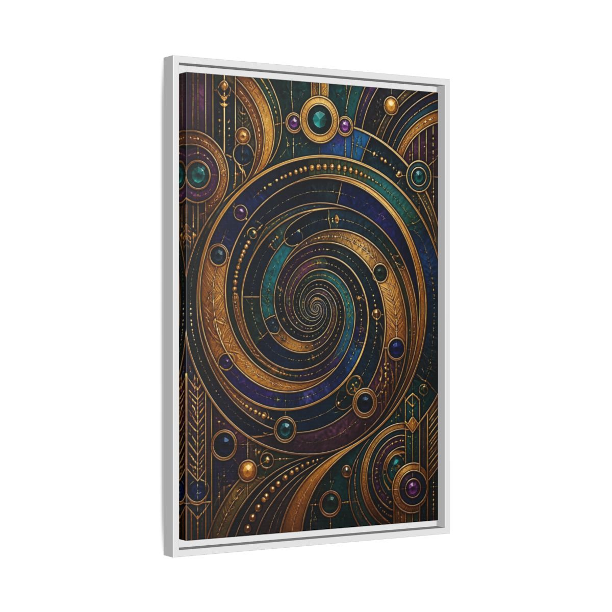 Side Mockup 10. Abstract Geometric Spiral Art Deco Jewel Tones shown as stretched canvas wall art