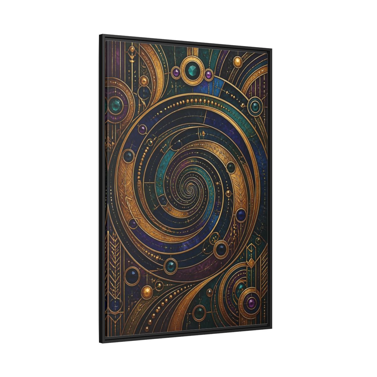 Side Mockup 12. Abstract Geometric Spiral Art Deco Jewel Tones shown as stretched canvas wall art