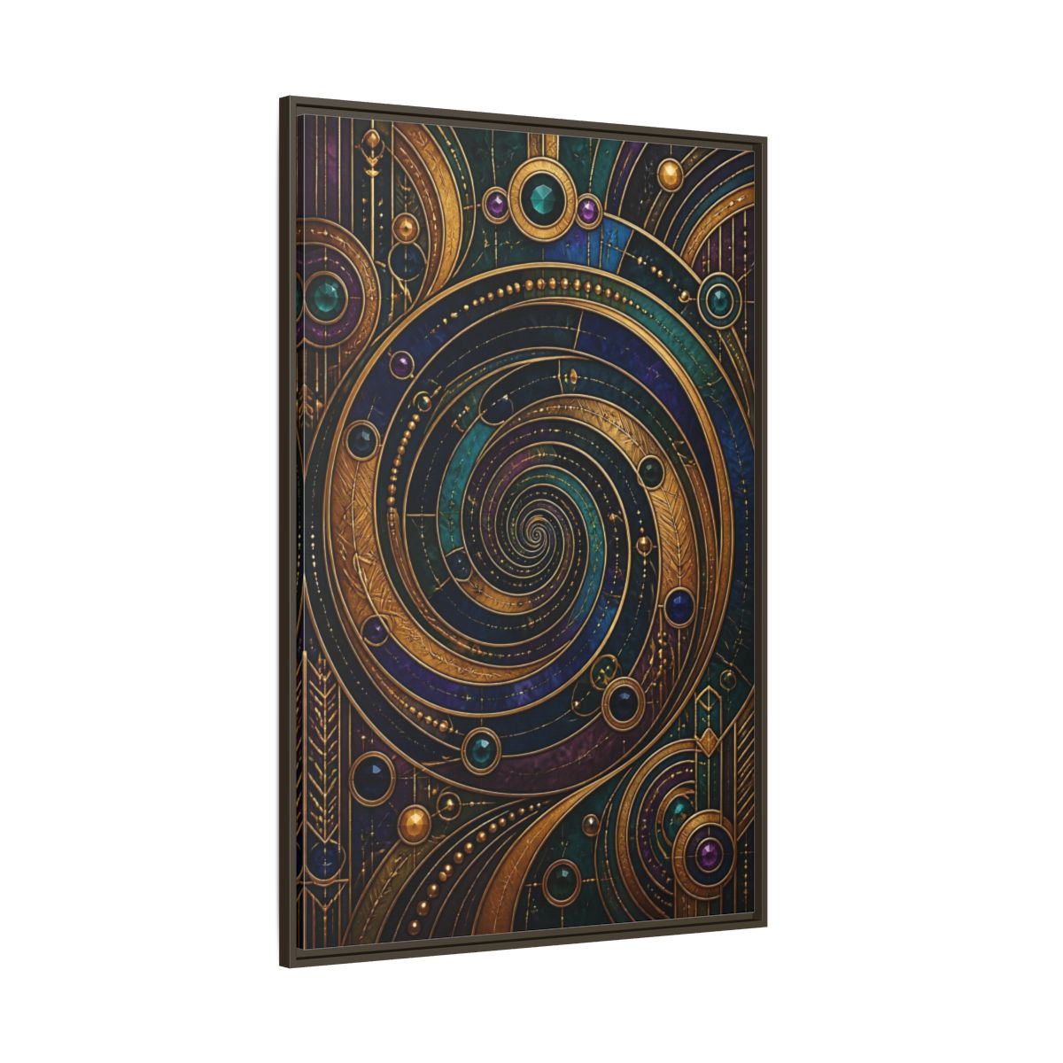 Side Mockup 8. Abstract Geometric Spiral Art Deco Jewel Tones shown as stretched canvas wall art