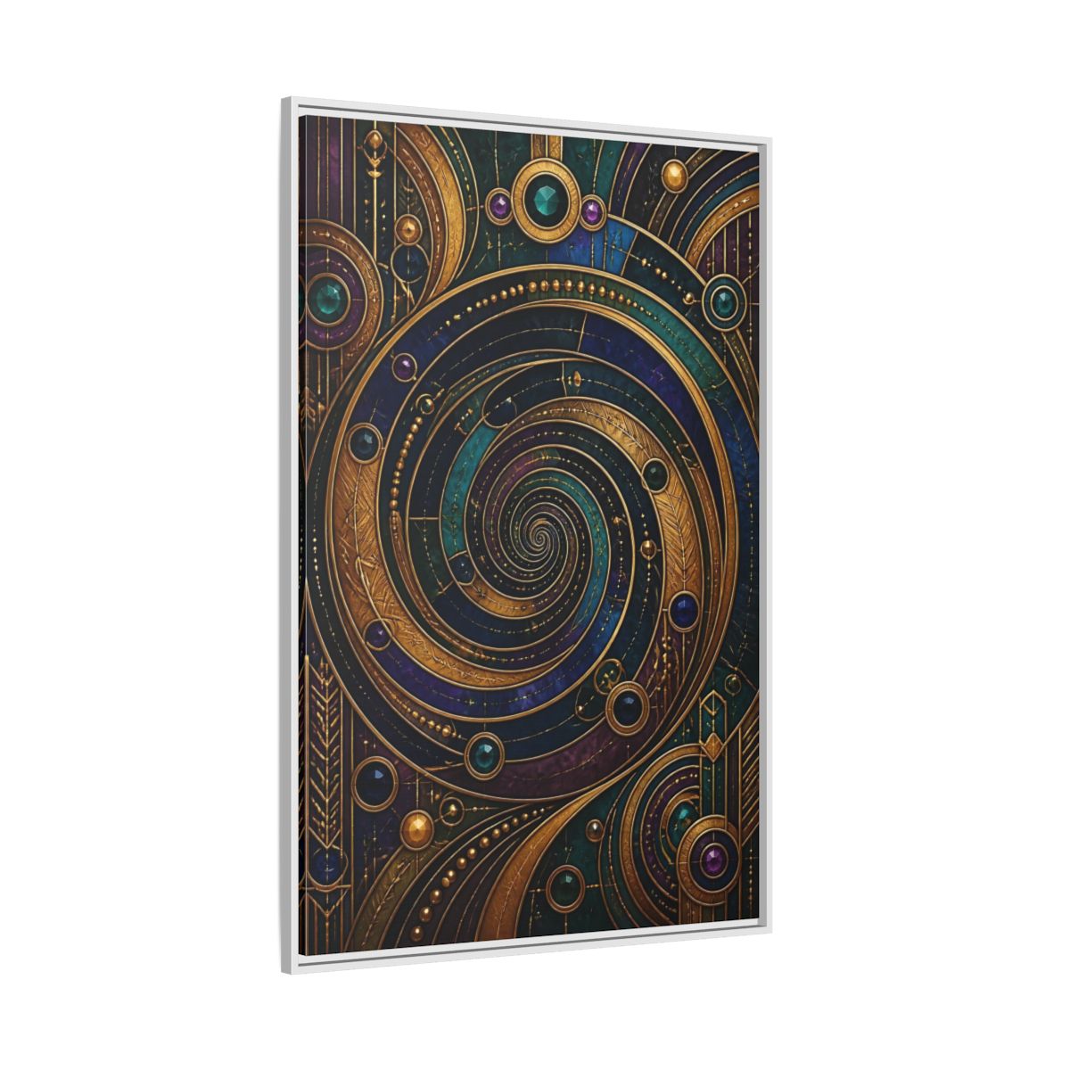 Side Mockup 7. Abstract Geometric Spiral Art Deco Jewel Tones shown as stretched canvas wall art
