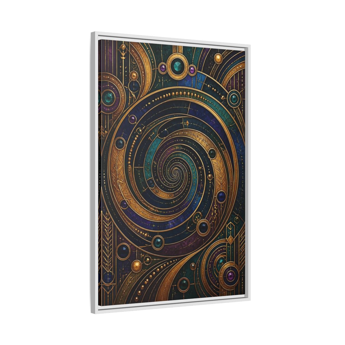 Side Mockup 9. Abstract Geometric Spiral Art Deco Jewel Tones shown as stretched canvas wall art