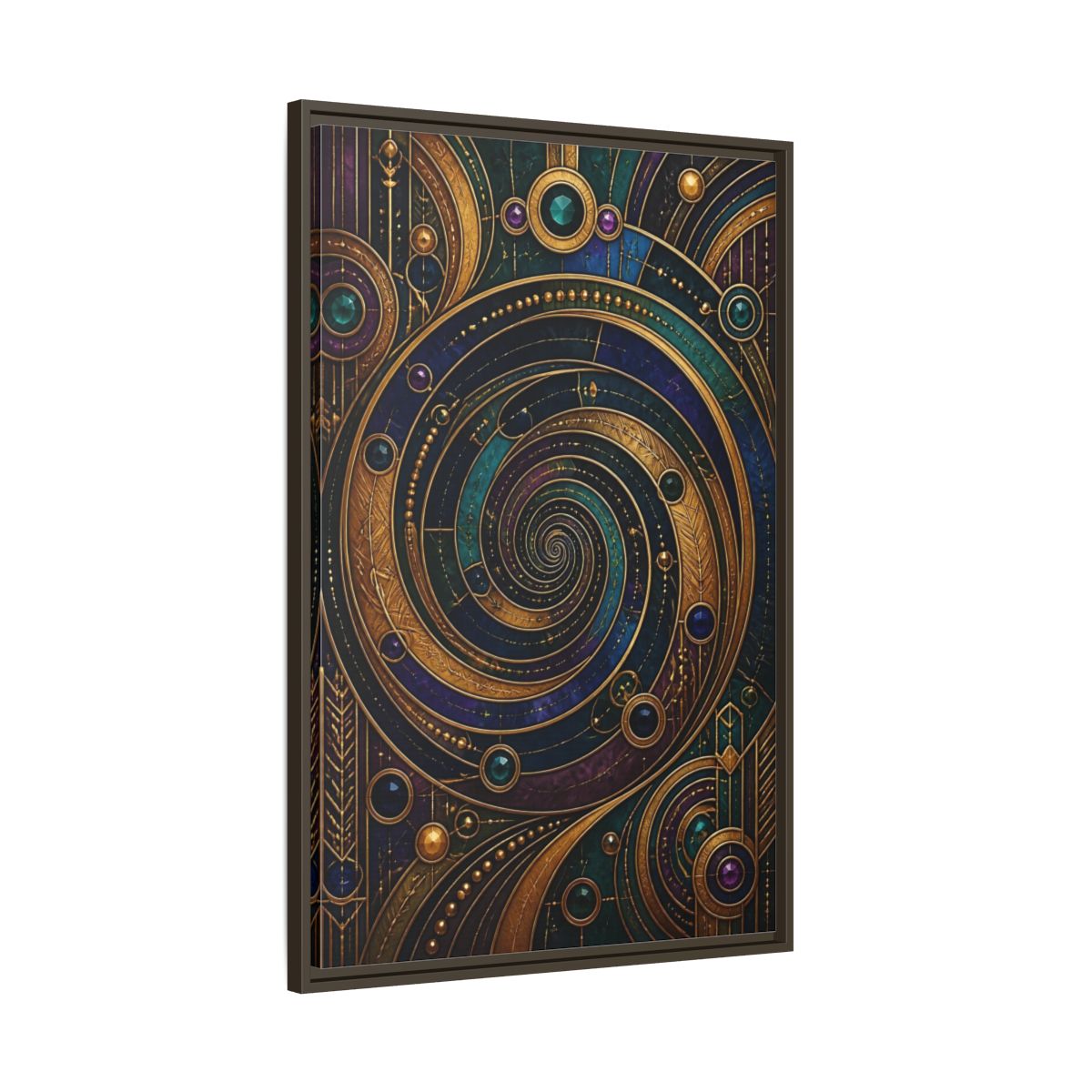 Main Mockup. Abstract Geometric Spiral Art Deco Jewel Tones shown as stretched canvas wall art